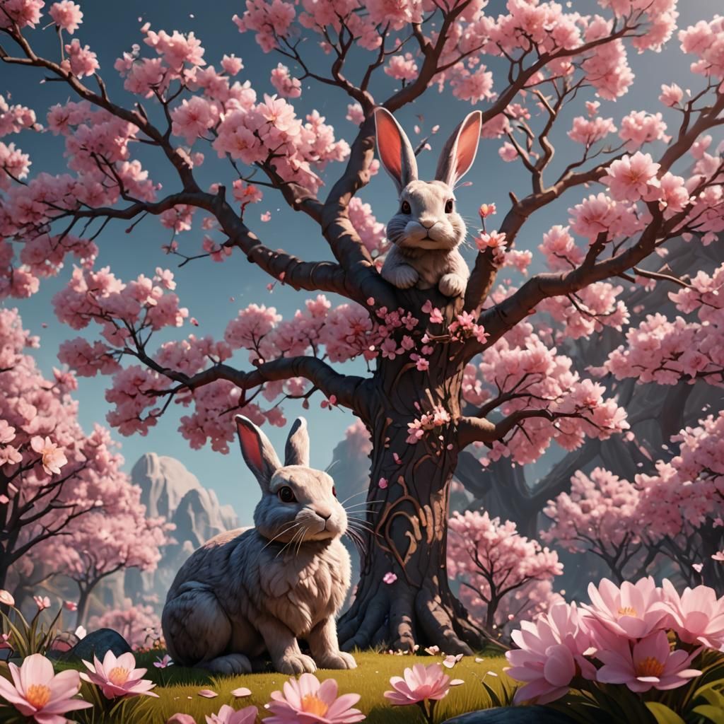 Pink Blossom Tree with Rabbit: Fantasy Concept Art