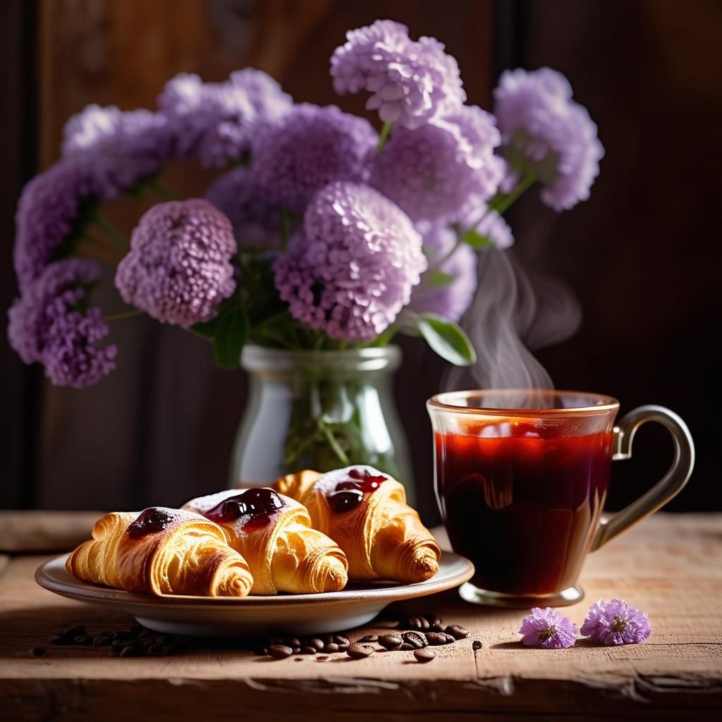 Warm Still Life Photography of Coffee and Croissants