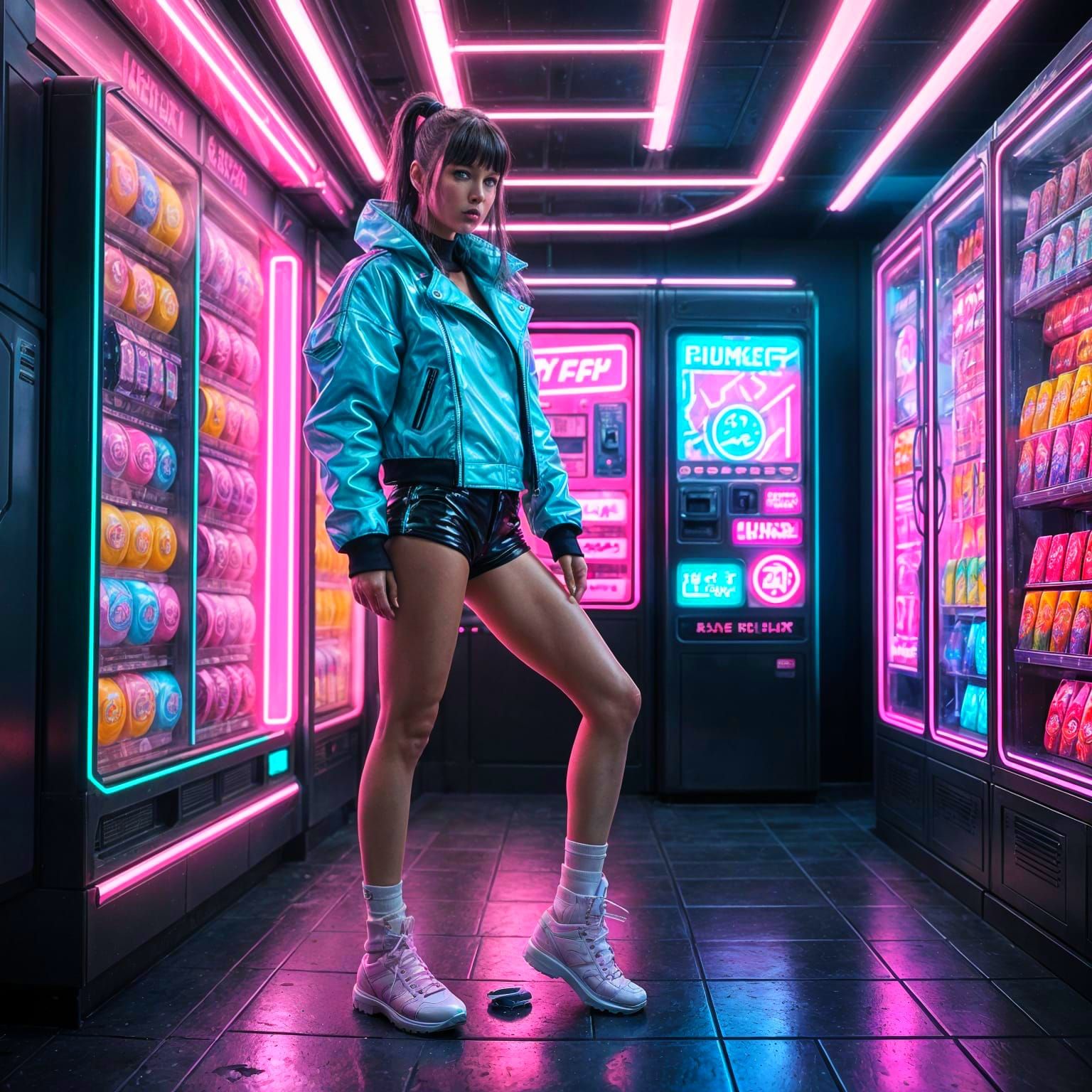 Cyberpunk Woman Blows Bubblegum in Neon Attire