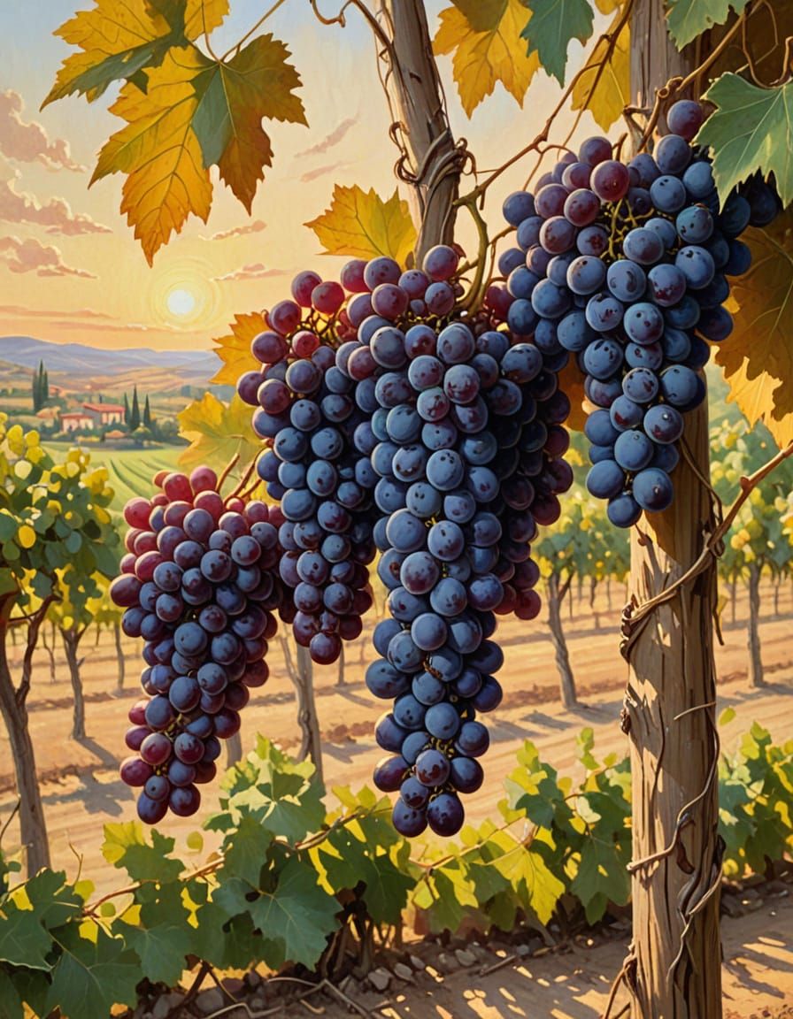 Vintage Italian Grapes in Sunlit Vineyard Oil Painting