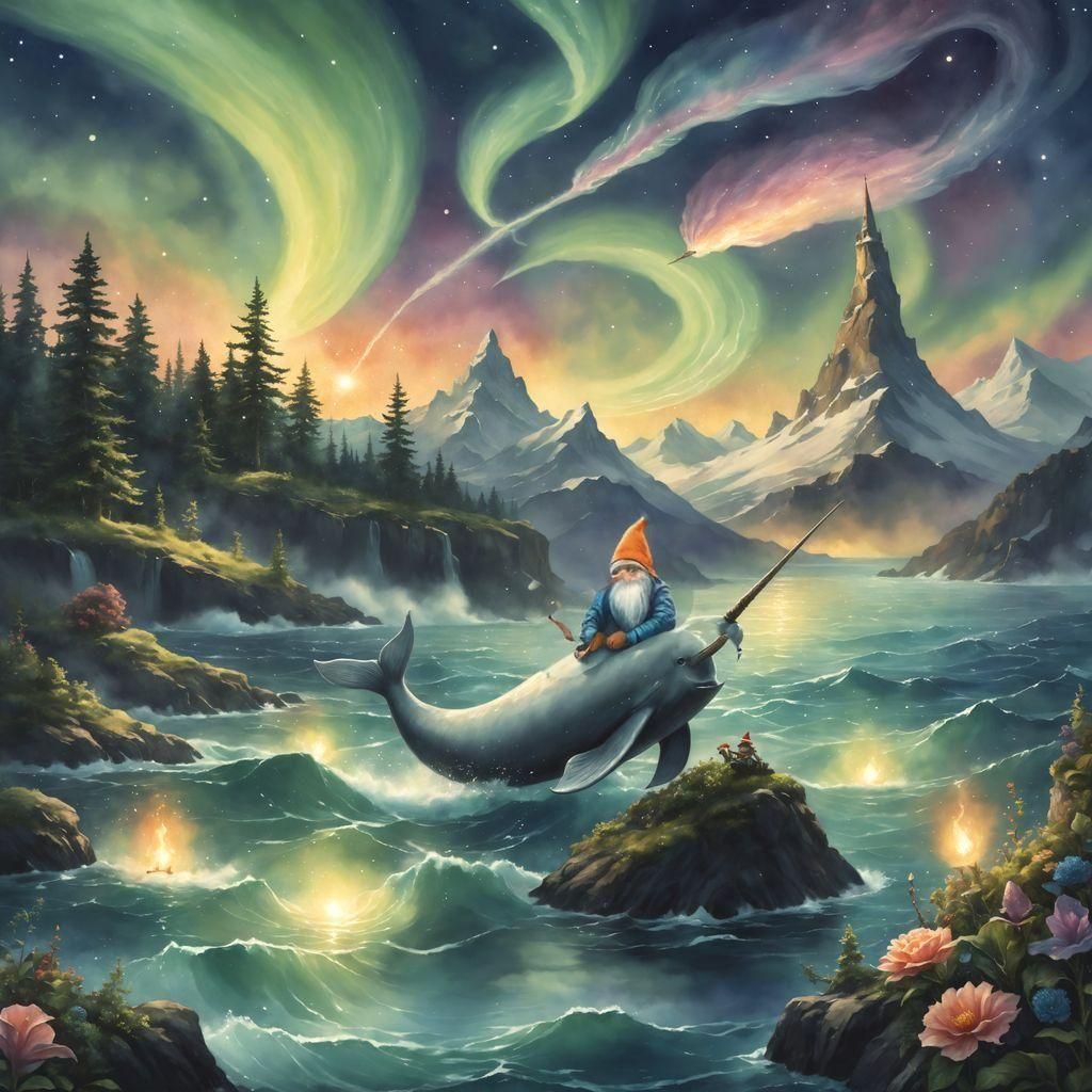 Gnome on Narwhal: A Watercolor Fantasy