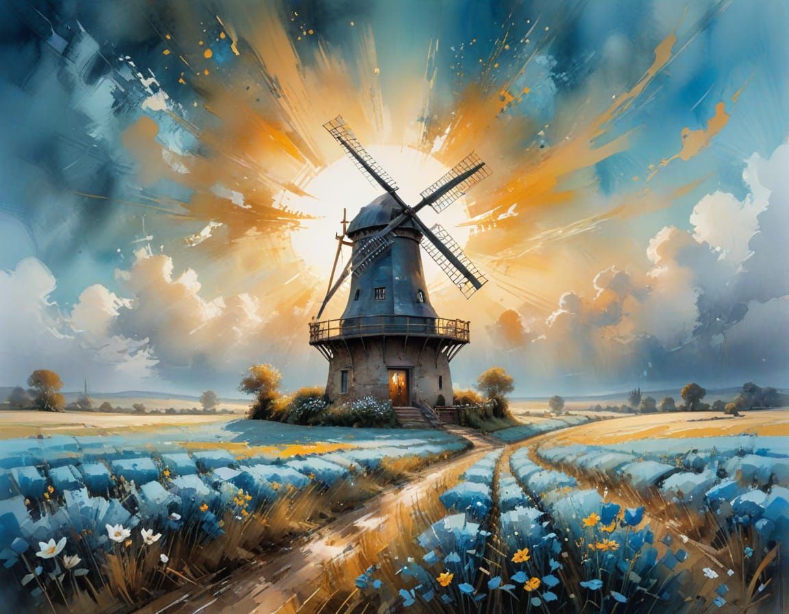 Windmill in Countryside: Watercolor Digital Dreamscape