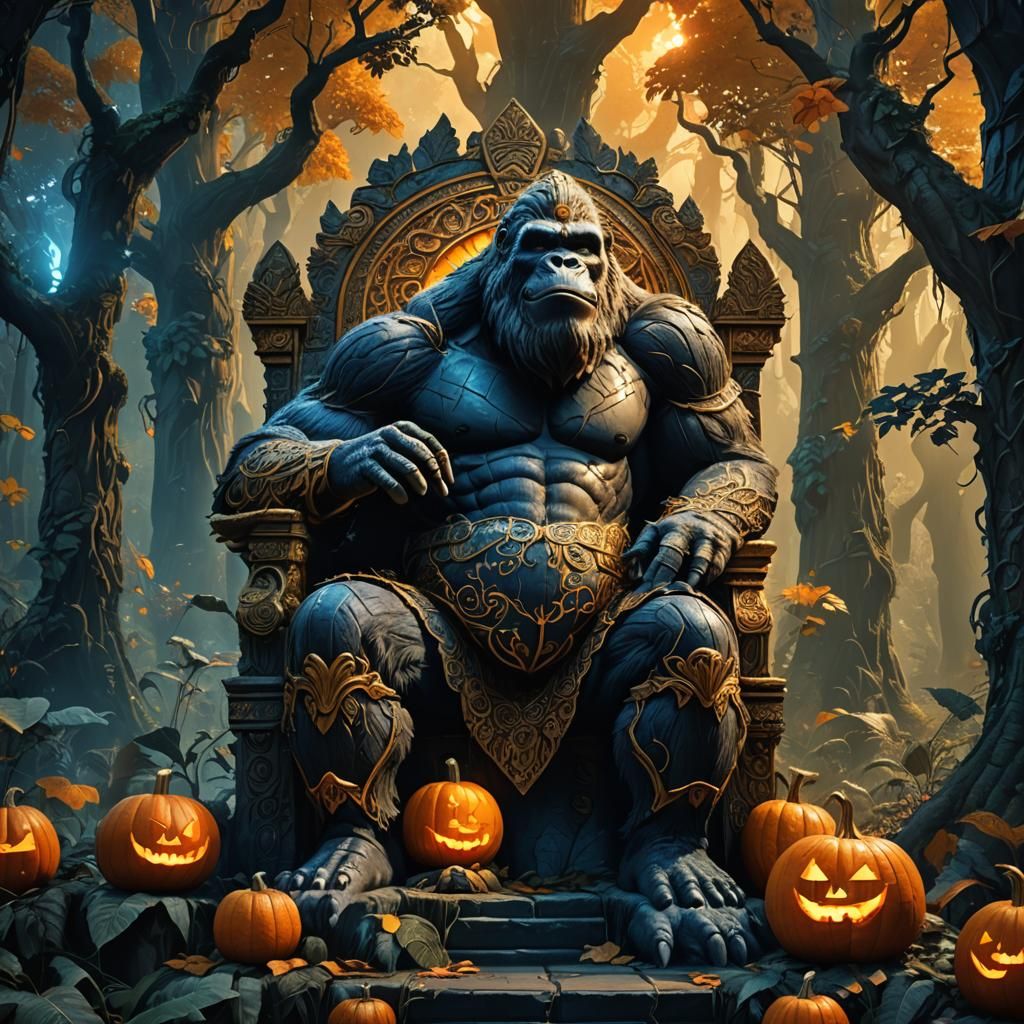 Pumpkin King Kong on Forest Throne: Fantasy Art