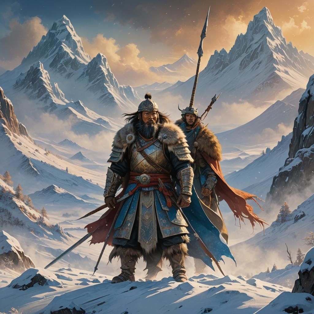 Mongolian Warrior in Snowy Pass, Beksiński Style