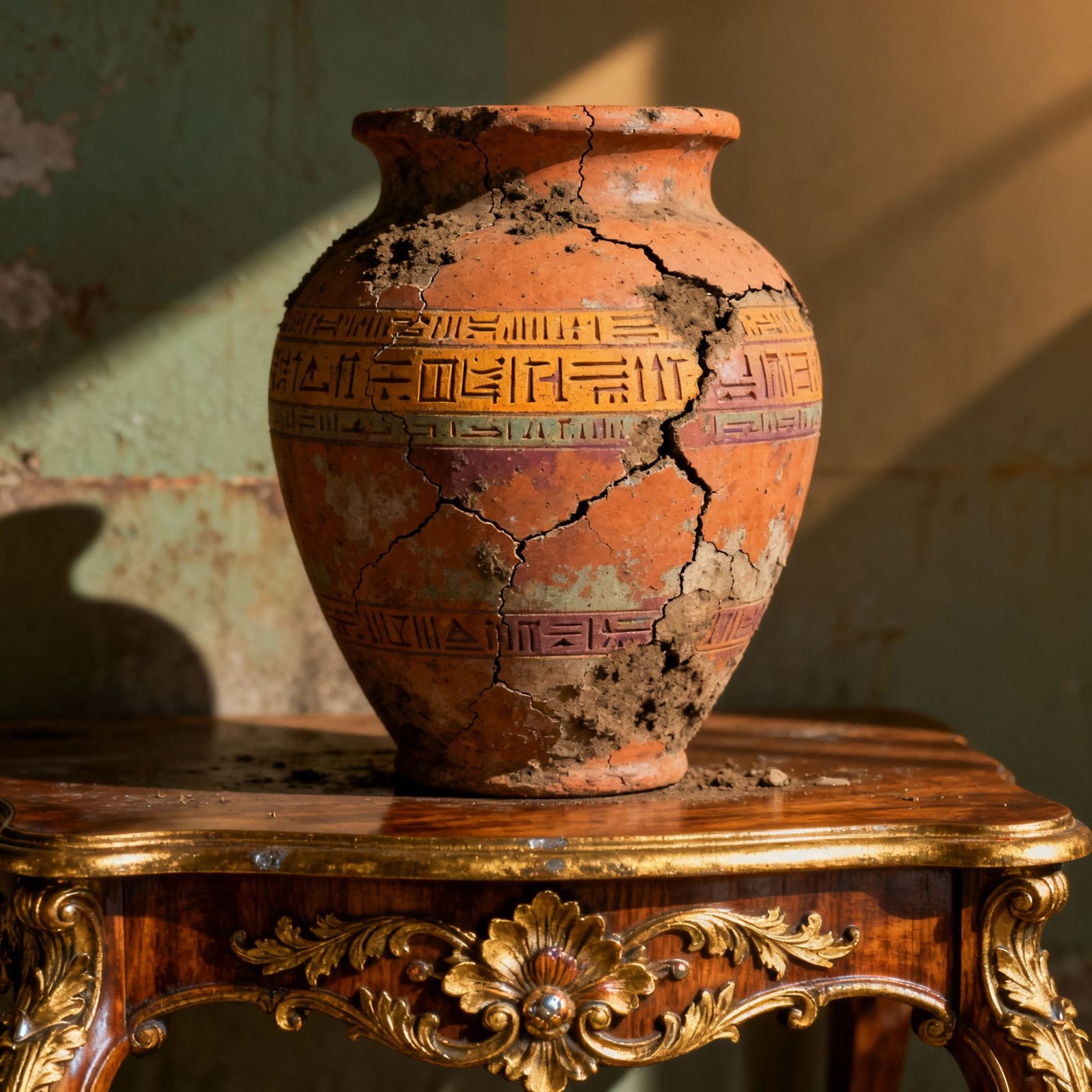 Ancient Earthen Pot on Ornate Royal Table