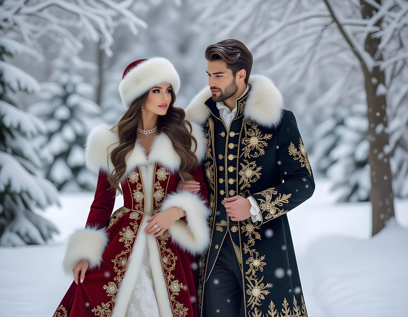 Couple Strolls Through Snowy Forest in Festive Winter Attire