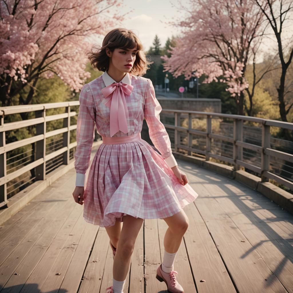 Crossdressing Boy on Bridge in Pink Dress