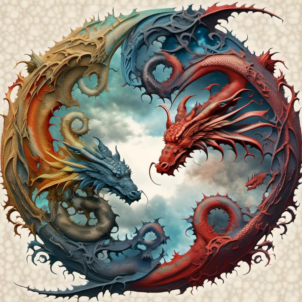 Yin and Yang Dragons in Dreamcore Silhouette Art