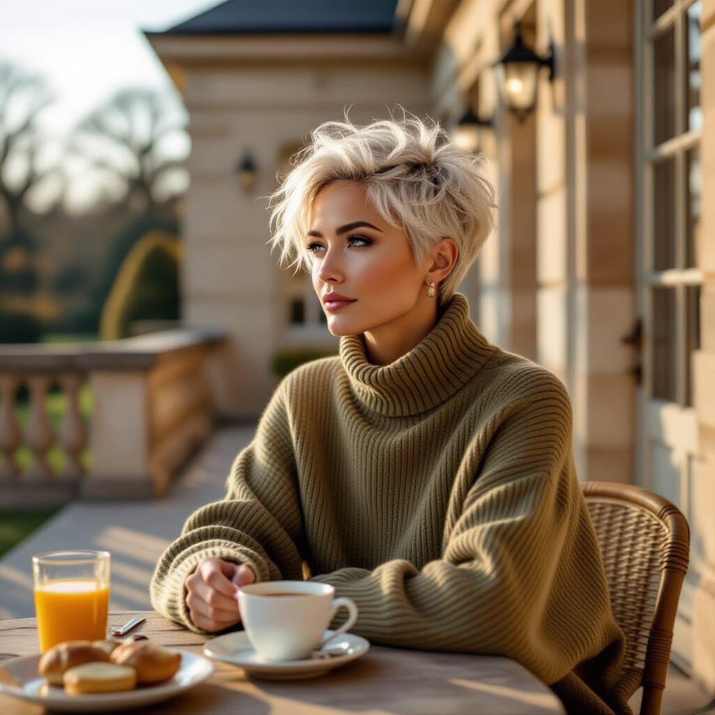 Thoughtful Woman Breakfasting at English Mansion Golden Hour