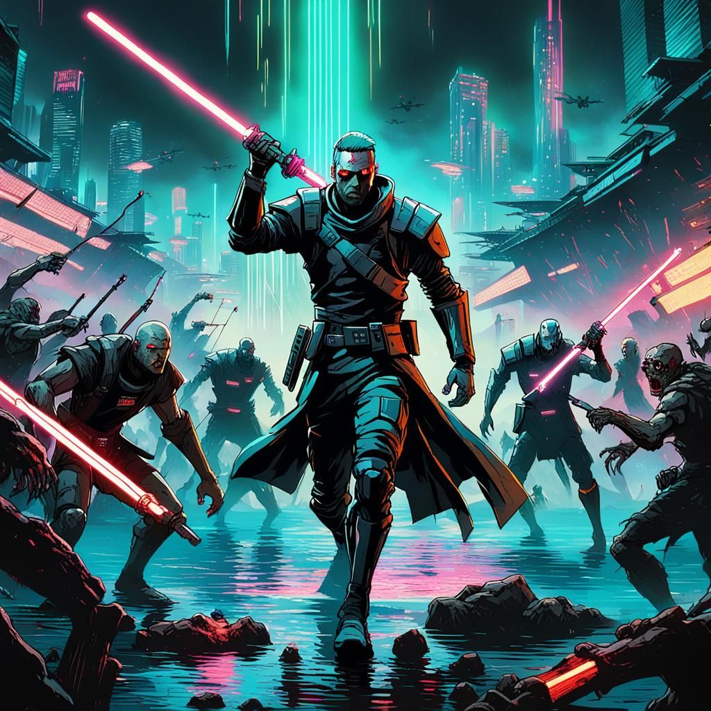 Cybernetic Knight Battles Zombies in Neon Cyberpunk