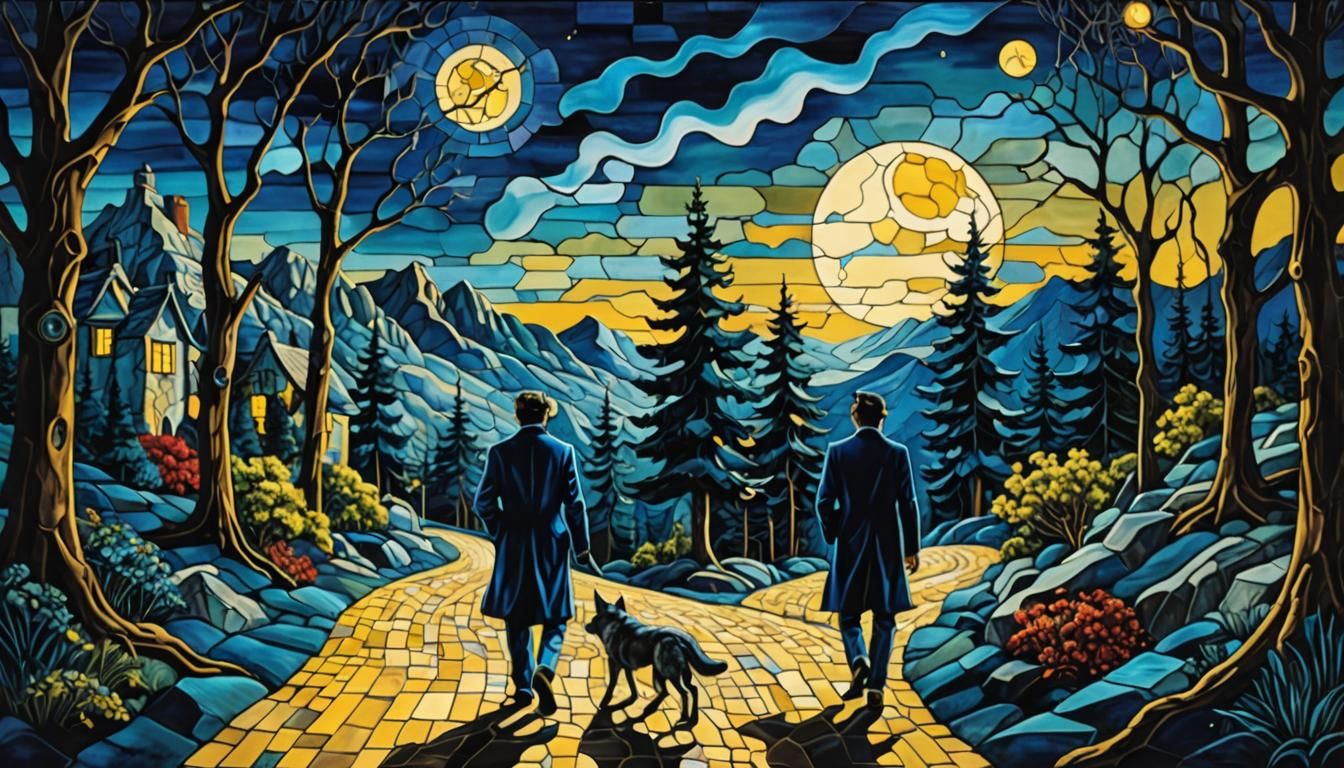 Surreal Stained Glass Forest Scene with Full Moon