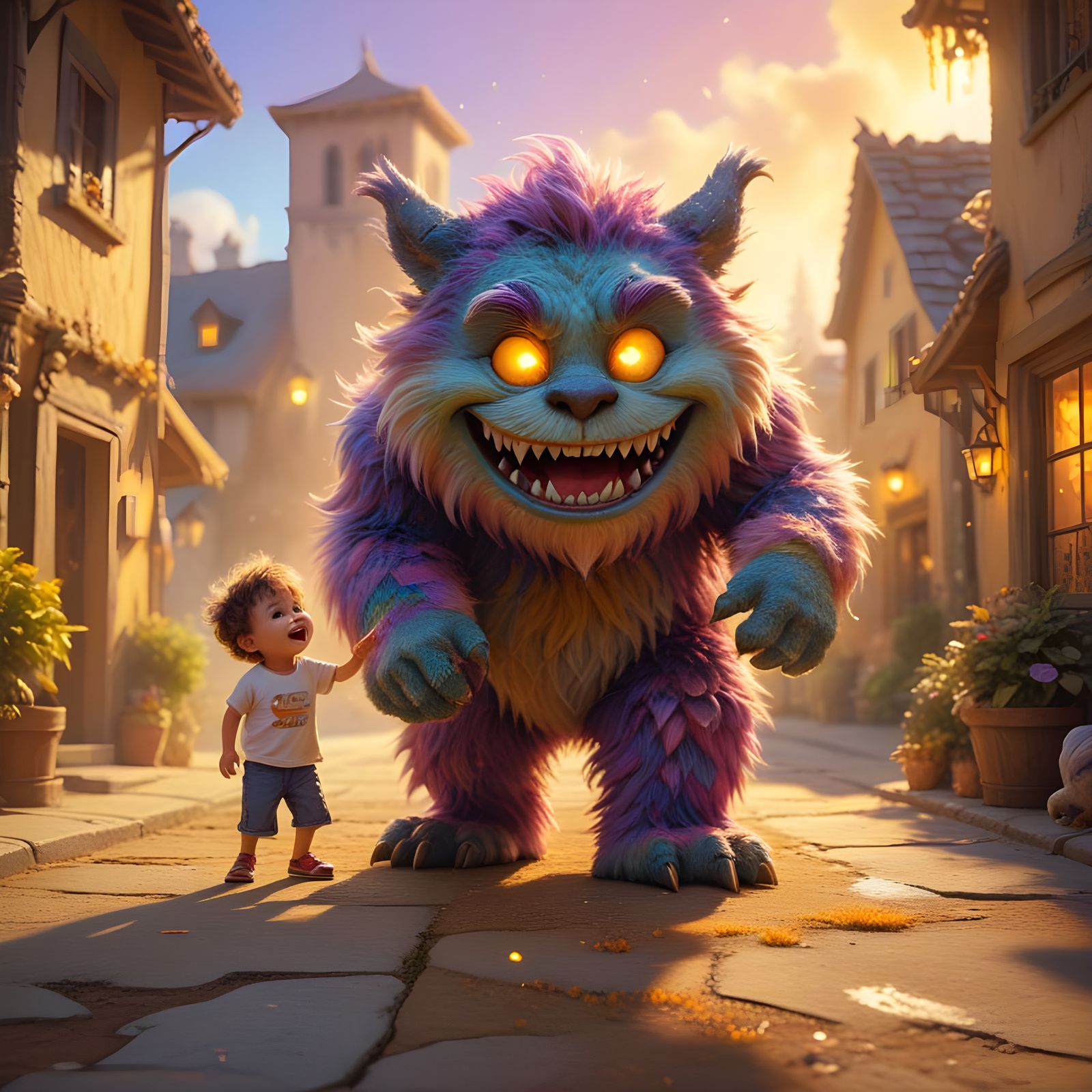 Playful Monster and Child: Vibrant Digital Art