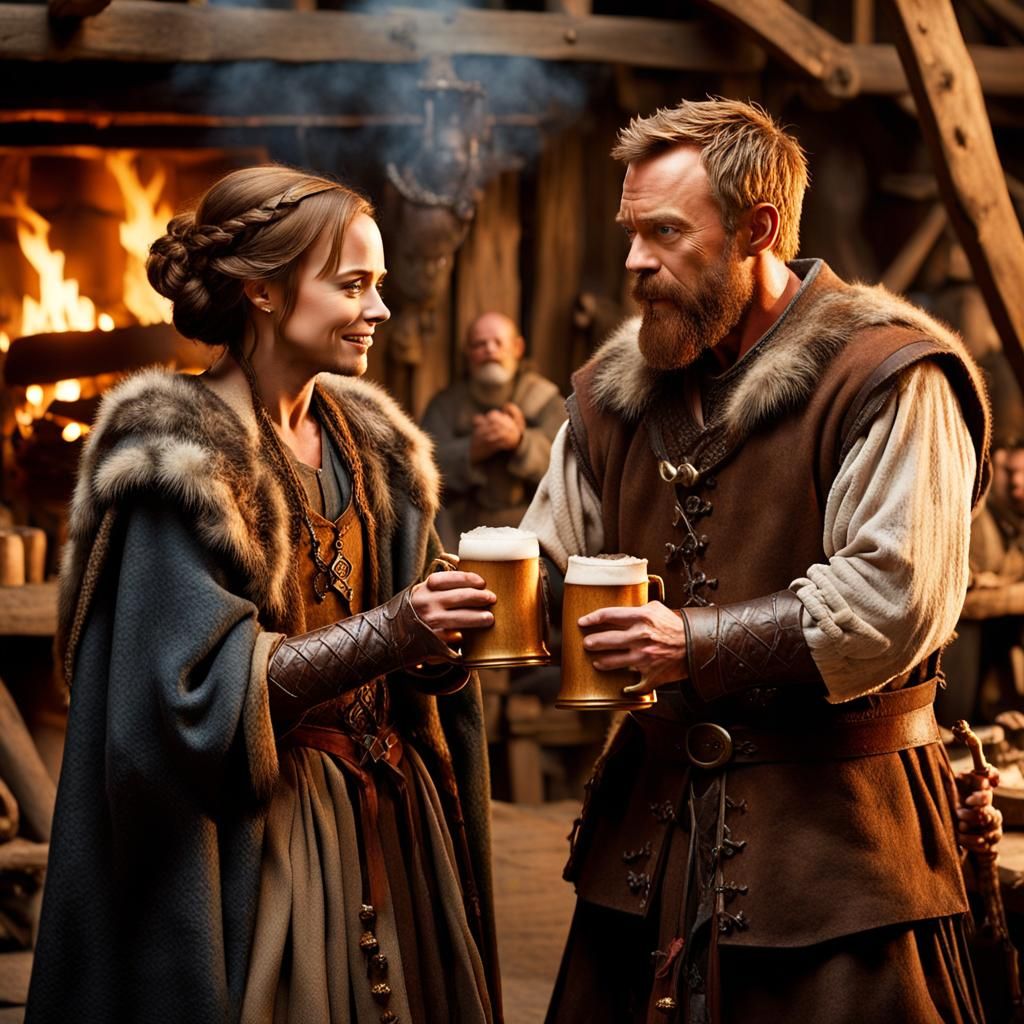 Vikings Chugging Ale in Mead Hall with Golden Lighting