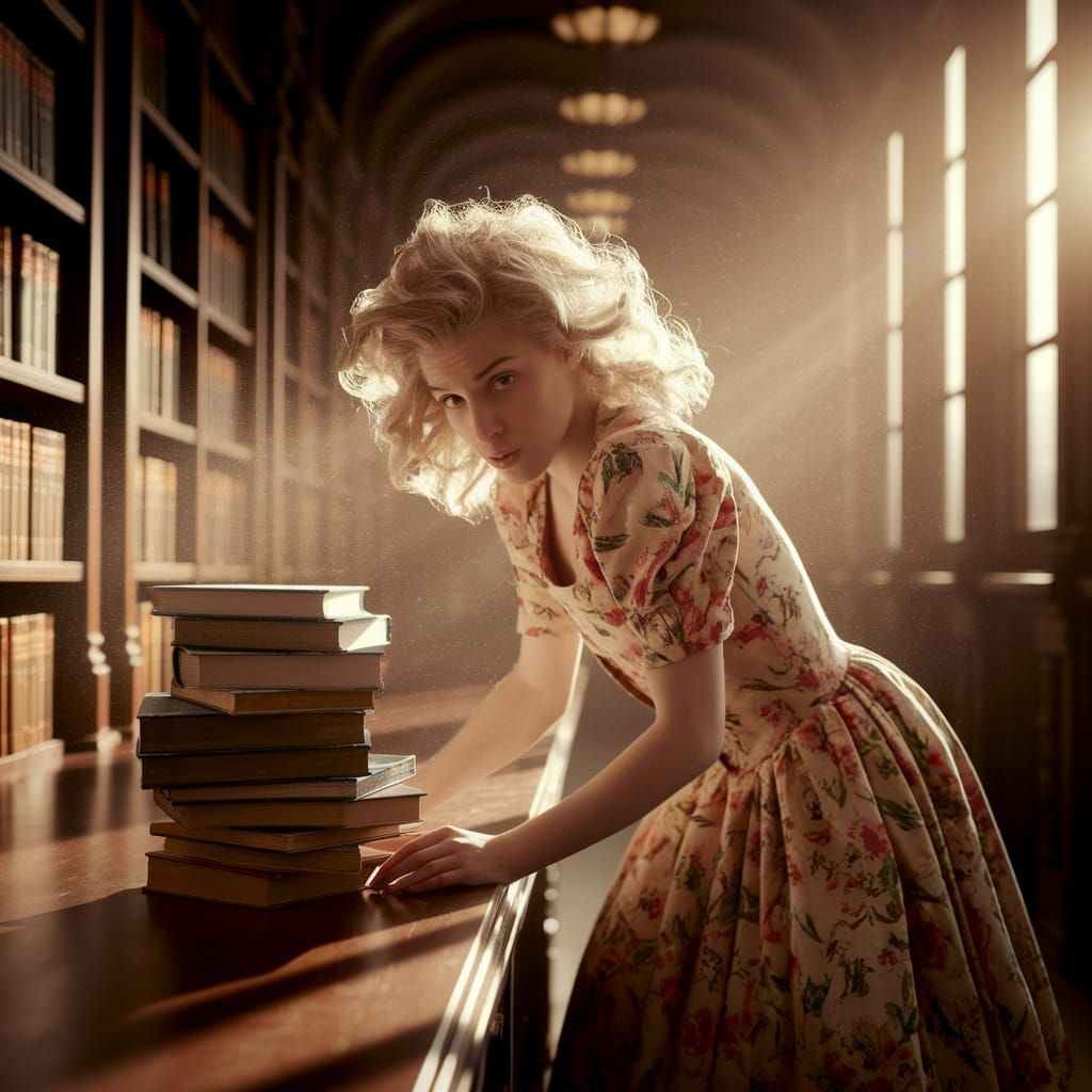 Crossdressed Youth in Vintage Dress in Sunlit Library