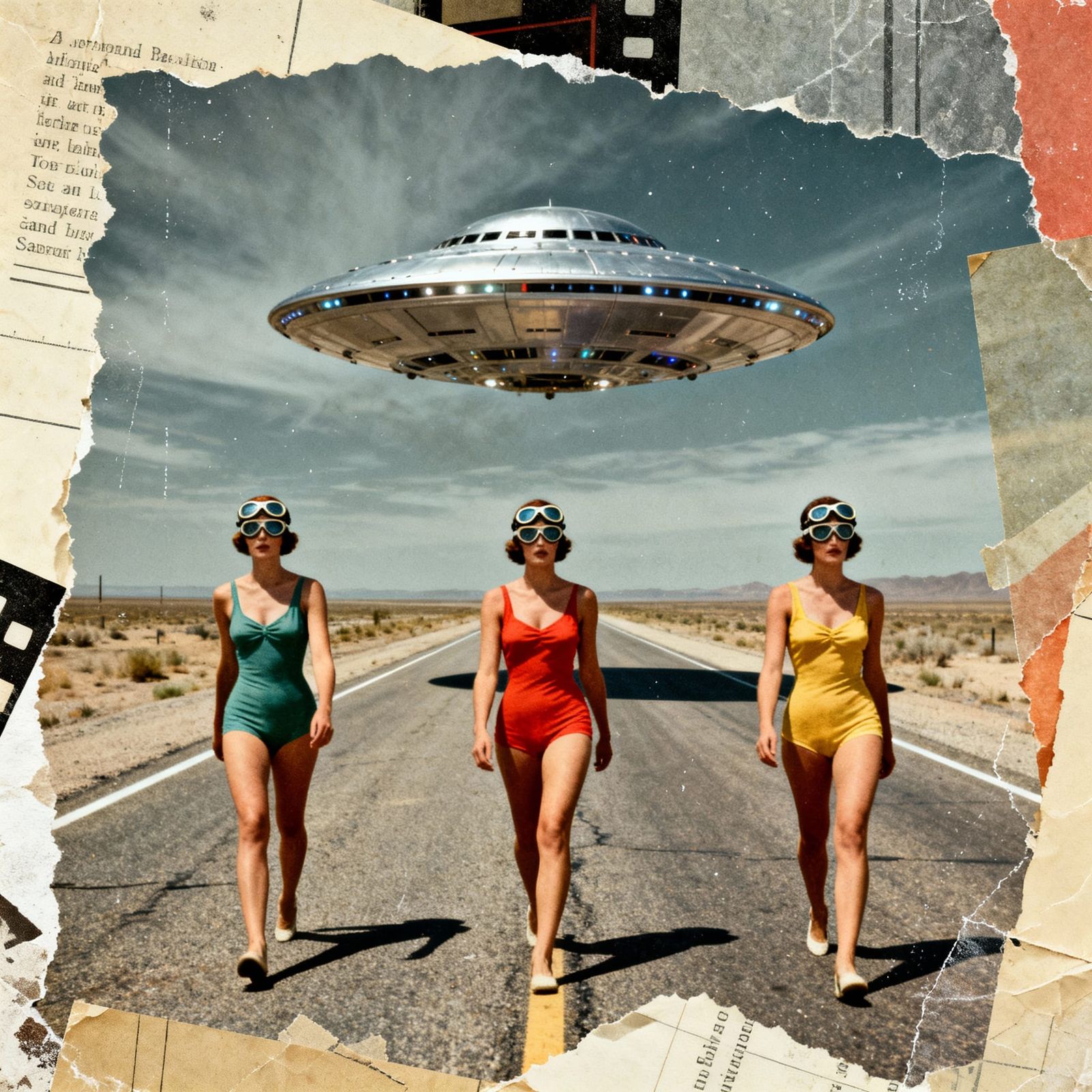 Vintage Collage Art: Women and UFO on Desolate Highway