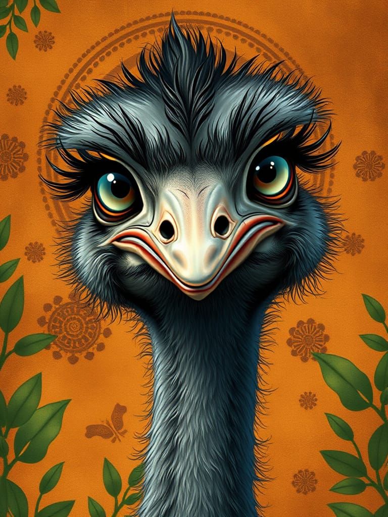 Whimsical Emu Portrait with Long Lashes in Earthy African Se...