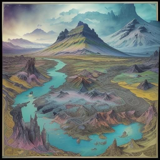 Detailed Watercolor Fantasy Map of Iceland