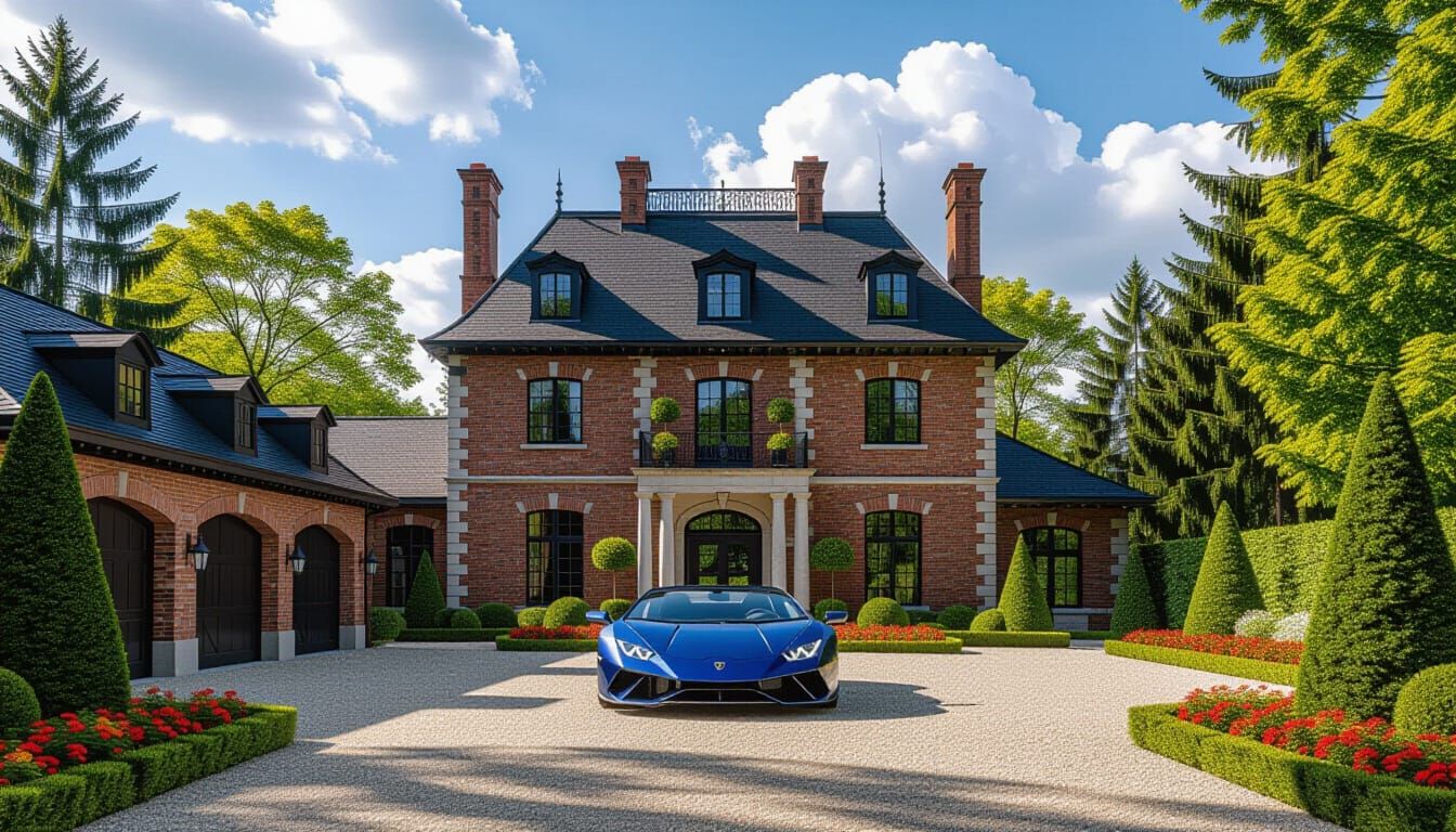 Victorian Chateau with Lamborghini in Summer Garden