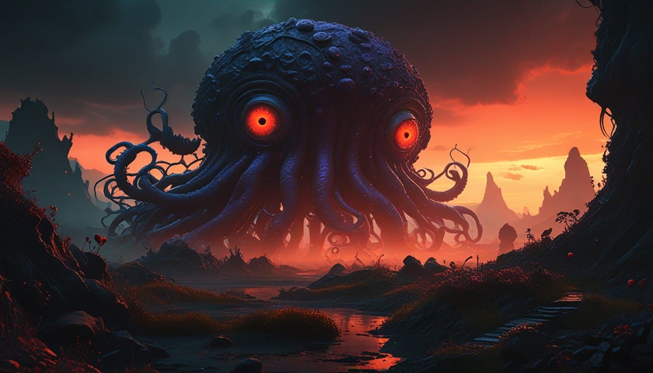 Surreal Monster Garden in Ash Thorp Style