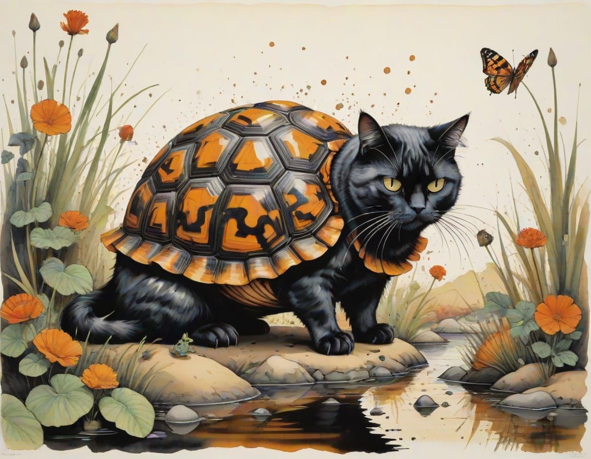 Tortoiseshell Cat in Shell: Expressive Brushstrokes