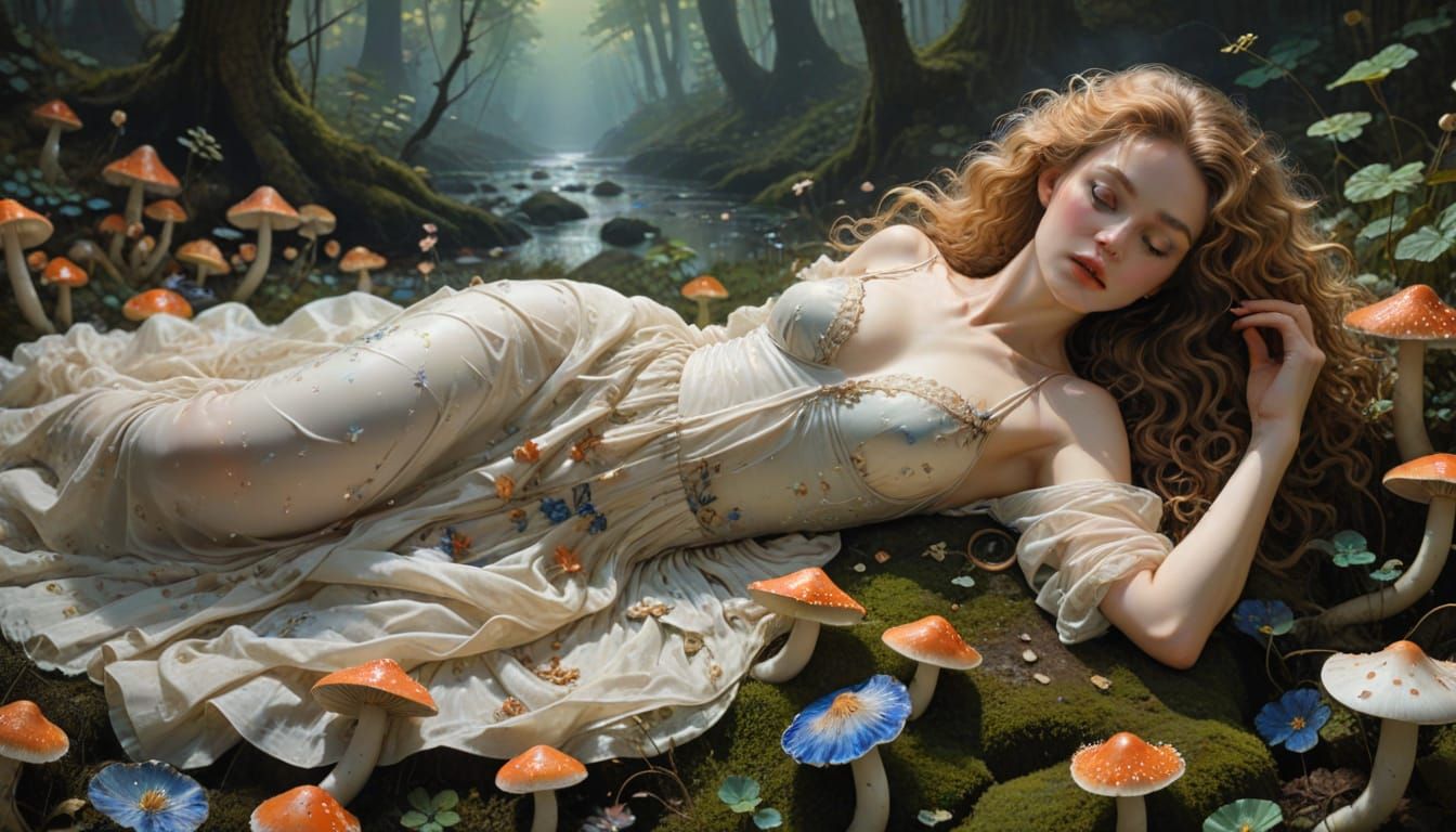 Ethereal Goddess in Bioluminescent Forest, Romantic Illustra...