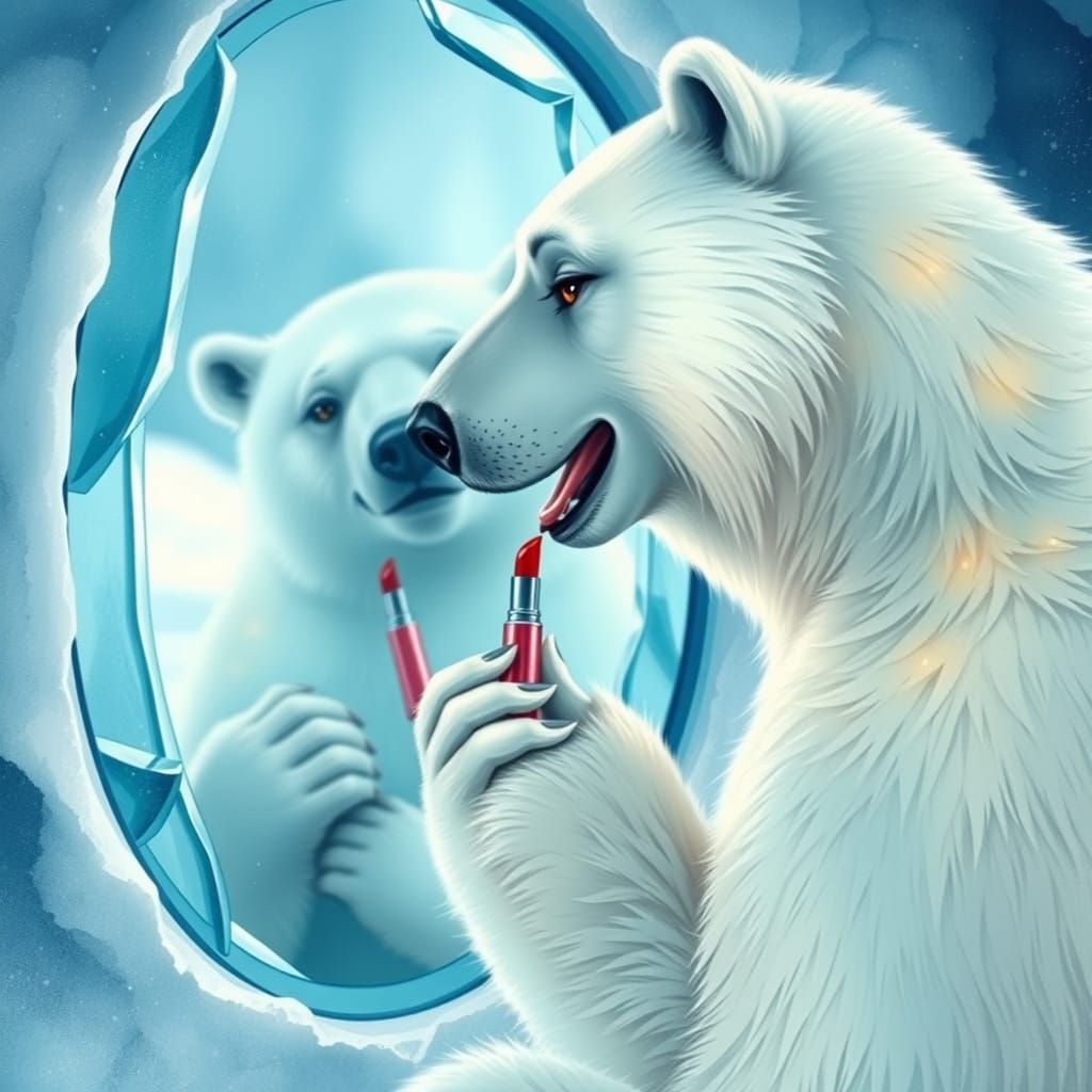 Glamorous Polar Bear in Ice Castle, Watercolor Style