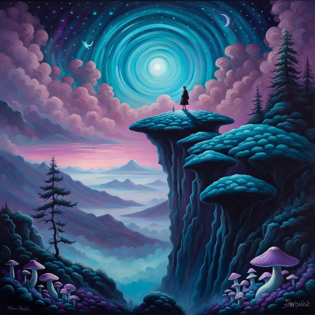 Mystical Mountain Dreamscape with Giant Mushrooms