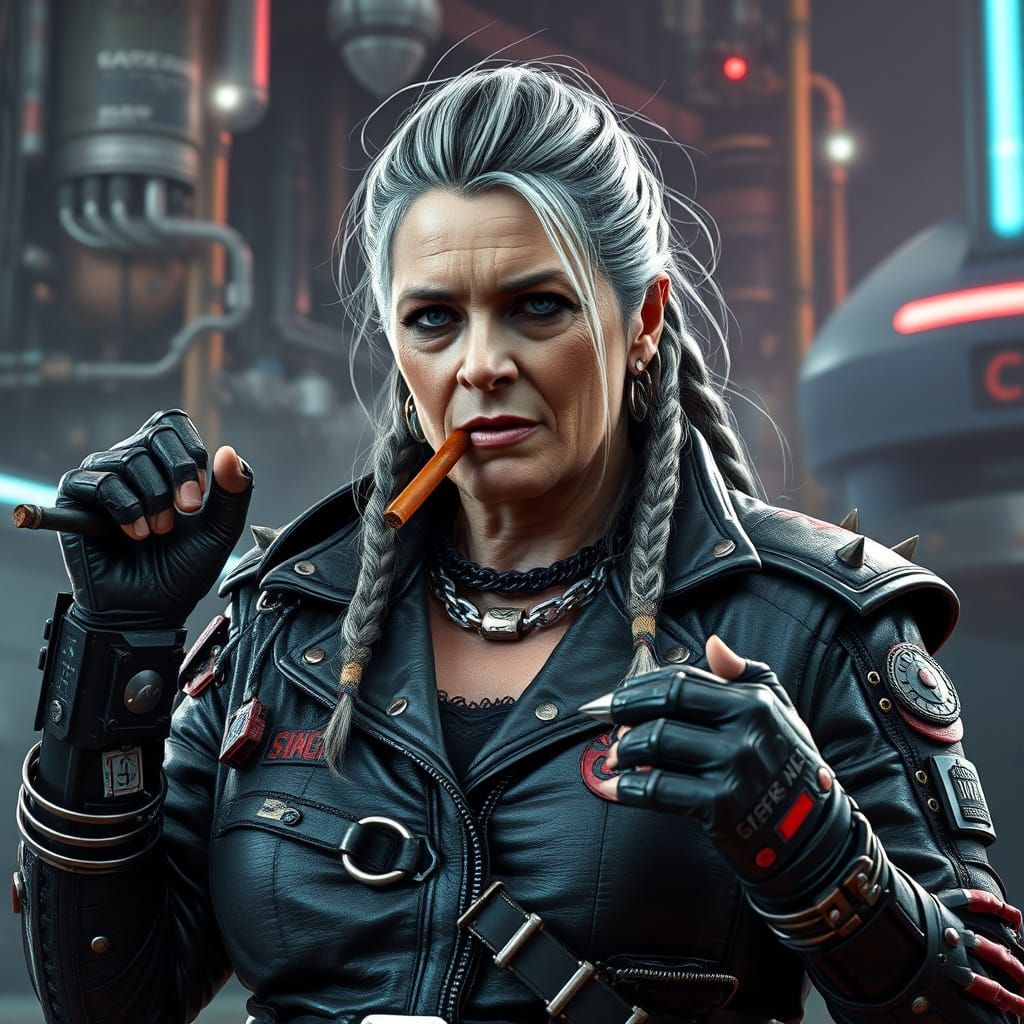 Fierce Biker Matriarch in Cyberpunk Landscape