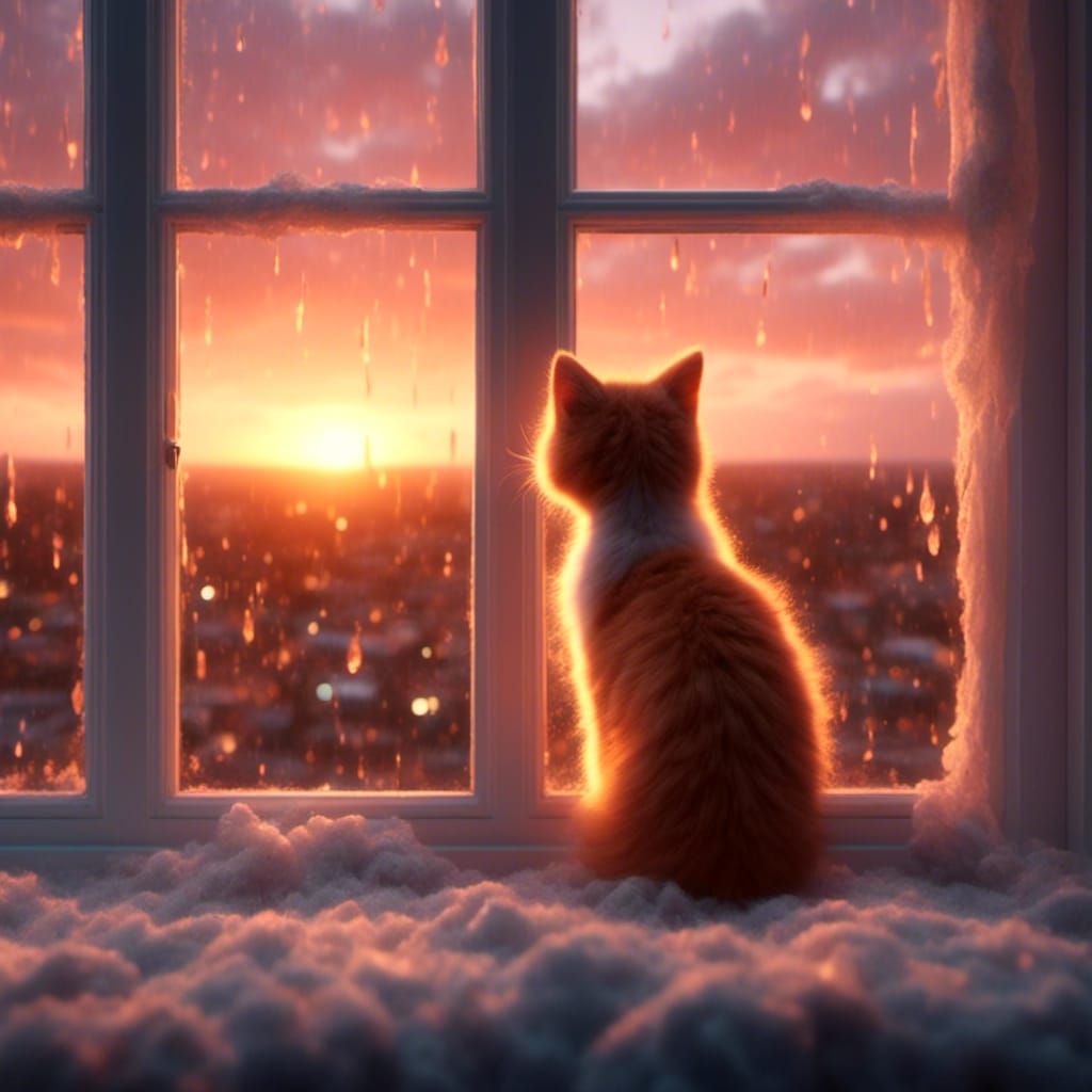 Vibrant Sunset Scene of a Kitten's Joyful Moment