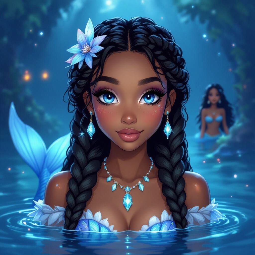 Black Mermaid with Box Braids in Bioluminescent Water