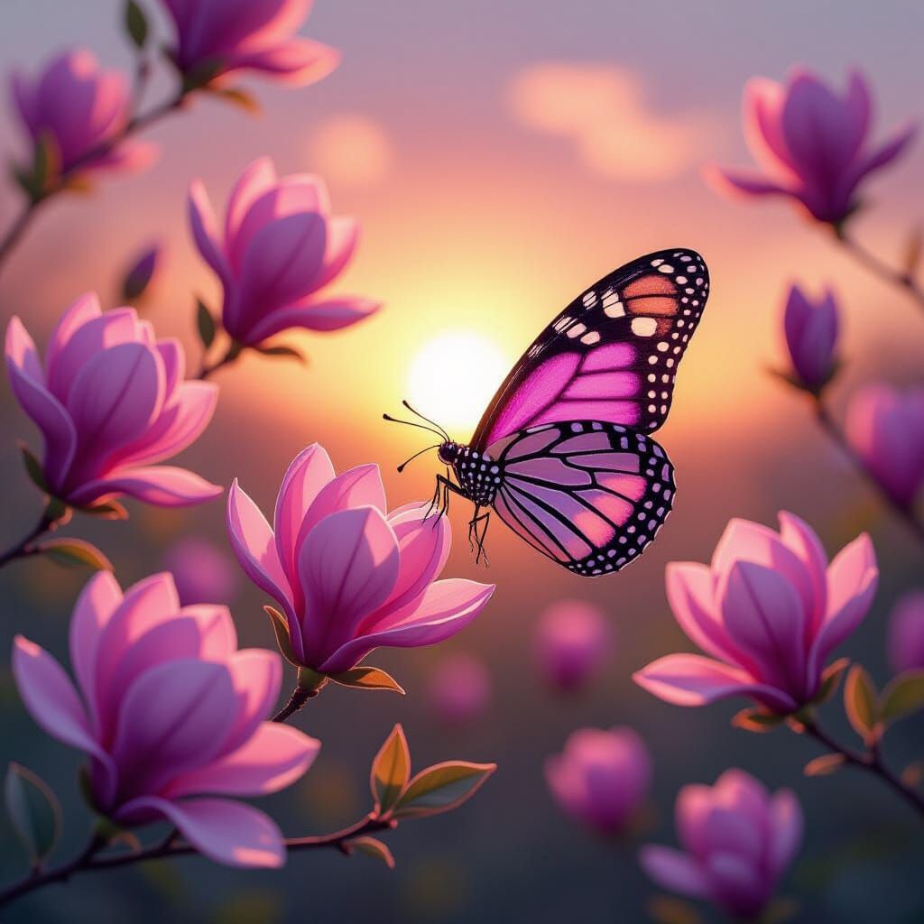 Butterfly Flying Towards Sunrise with Magnolia Blooms