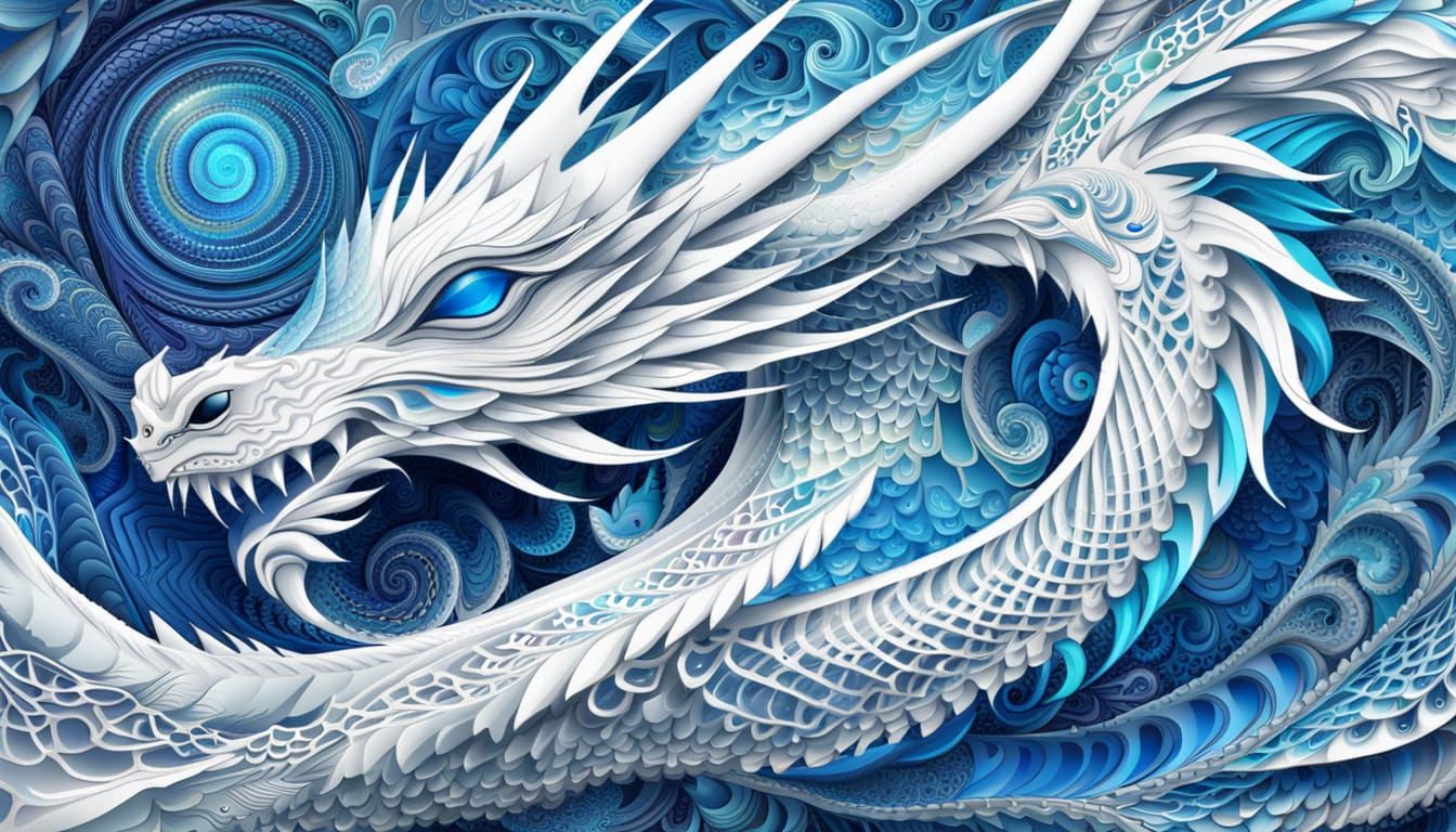 Blue-Eyed White Dragon in Abstract Fractal Art