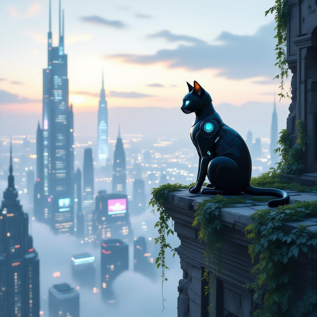 Cybernetic Cat Overlooking Futuristic Cityscape
