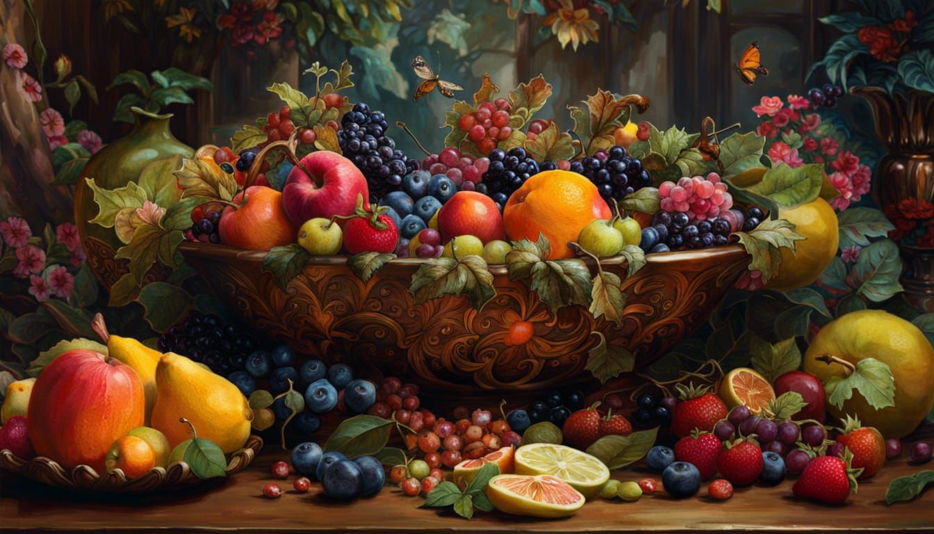 Masterpiece Fruit Bowl: Detailed Maximalist Photography