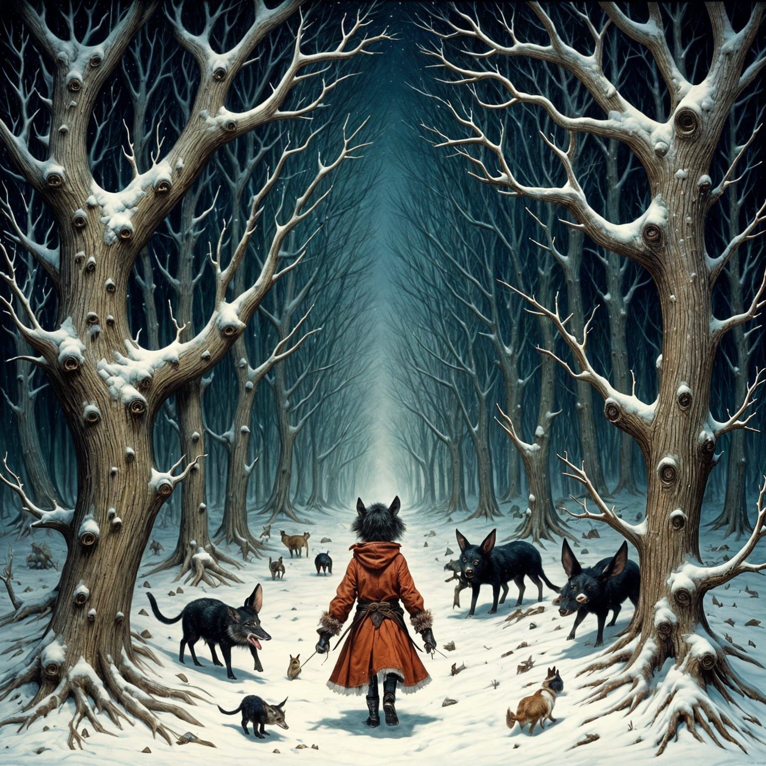 Child in Snowy Forest with Winged Creatures