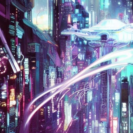 Electric Jellyfish Predator Over Tokyo in Psychedelic Style