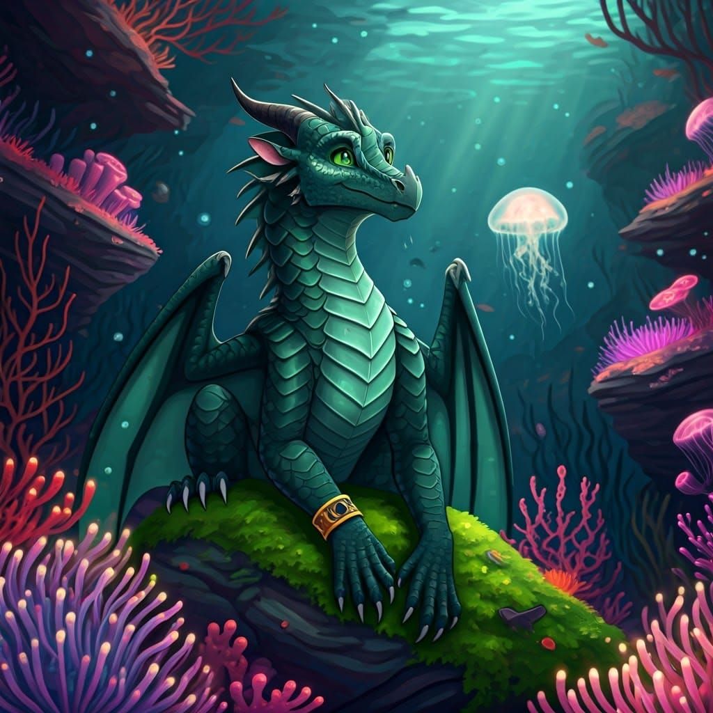 Cyberpunk Seawing Prince Amidst Bioluminescent Sea Life