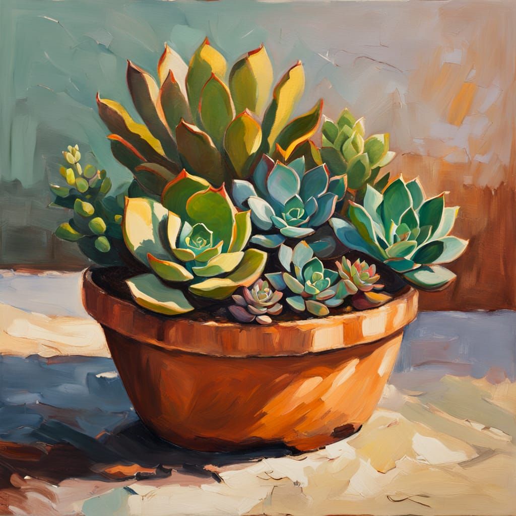 Vibrant Oil Painting of Succulents in Terracotta Pot