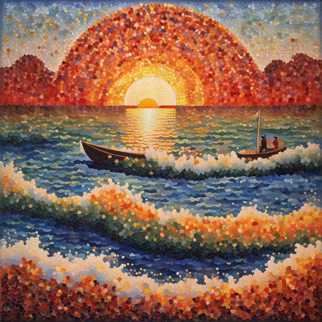 POINTILLISM ART +LITTLE MOSAIC+SMALL CIRCLES ART+A BIG LARGE FOAMY WAVE COLORS RED +ORANGE +YELLOW +CREAM +GOLD PASTELS ...