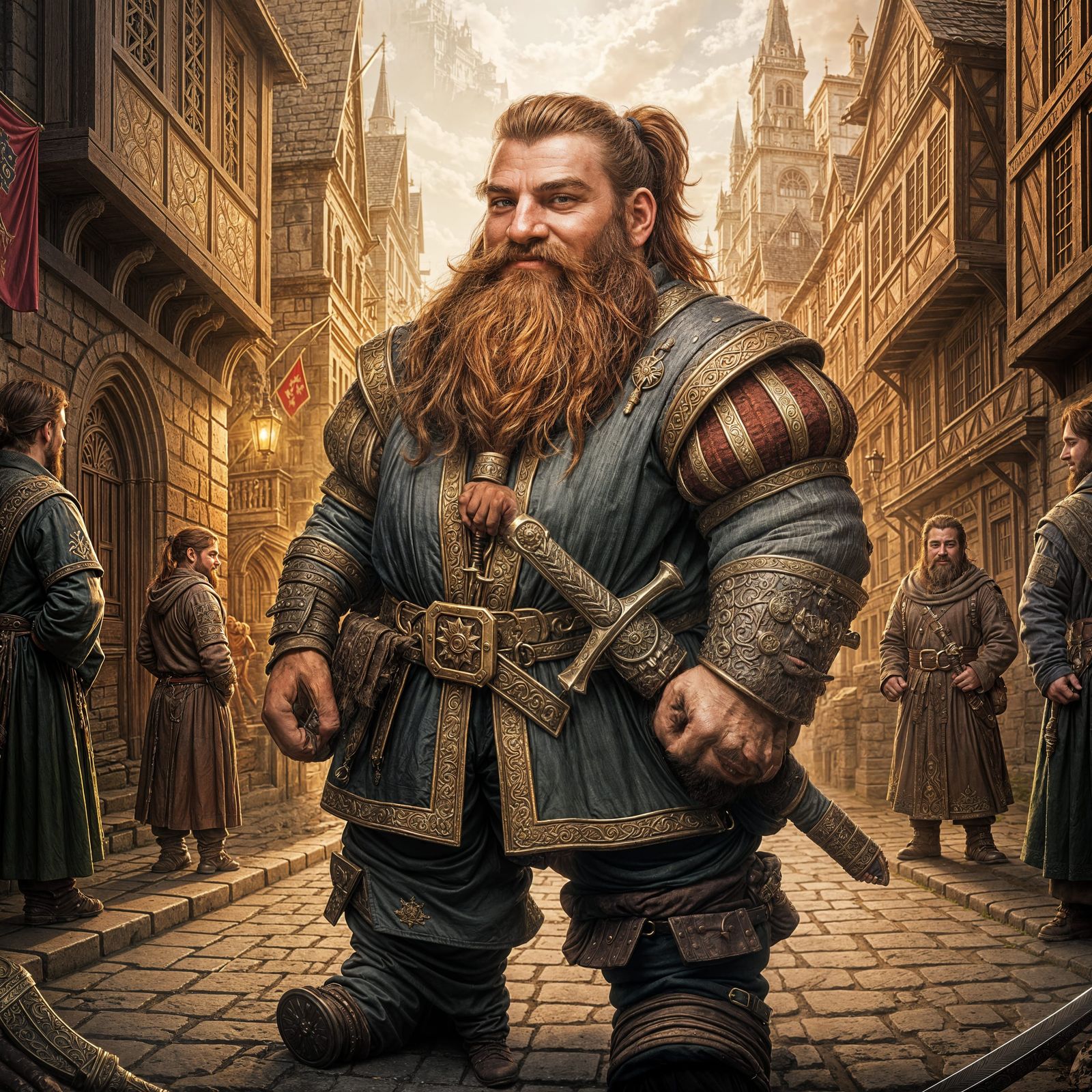 Rich Fantasy Dwarf Merchant in Medieval City