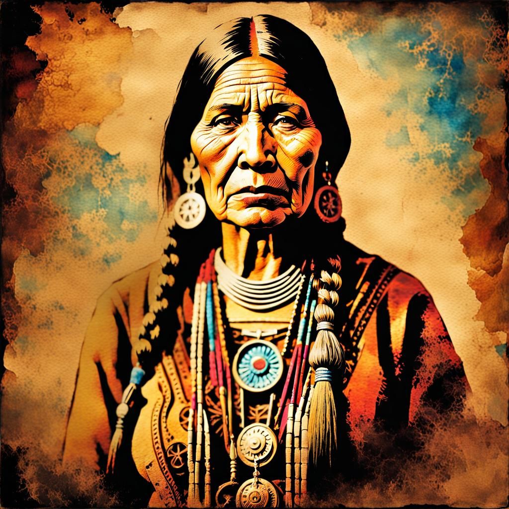 Vintage Watercolor Portrait of Native American Woman