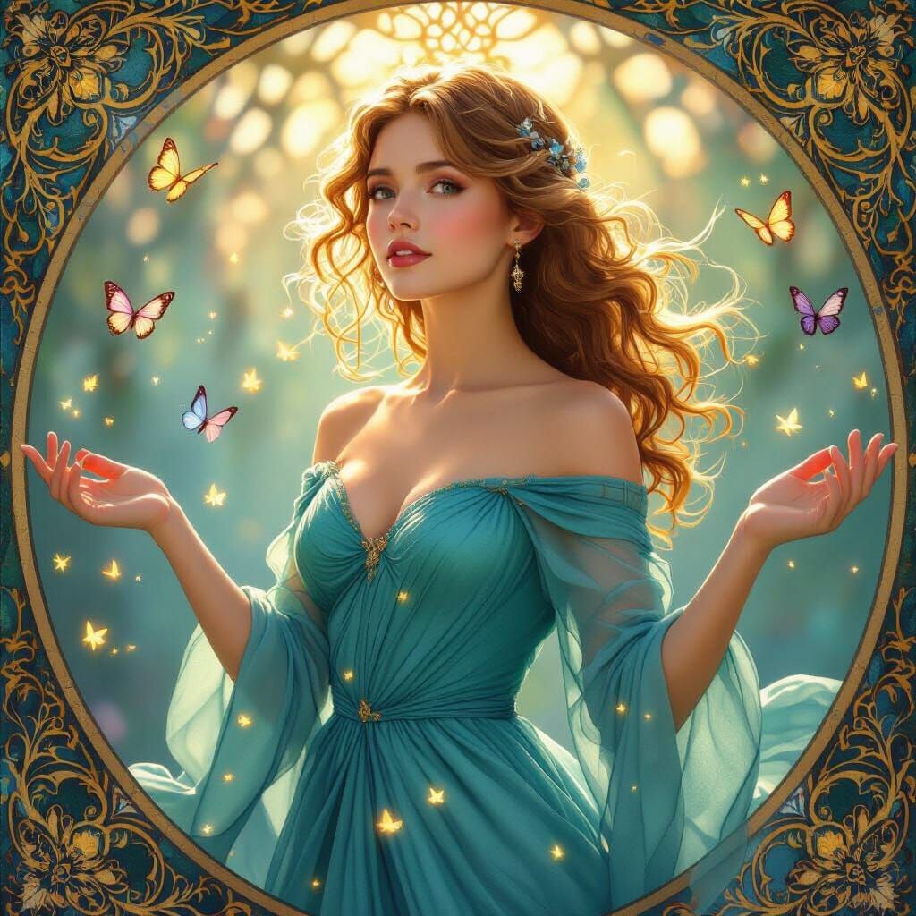 Enchanting Woman in Turquoise Gown with Butterflies