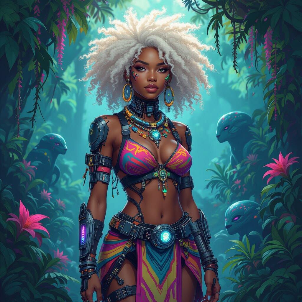 Cybernetic Afro-Latina Warrior in Bioluminescent Jungle