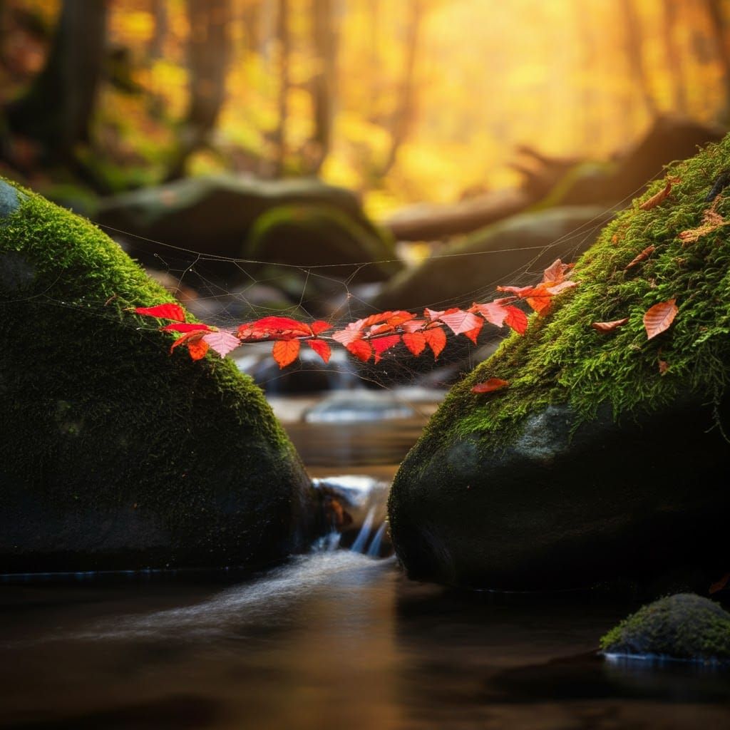 Autumn Beech Forest Stream in Golden Light