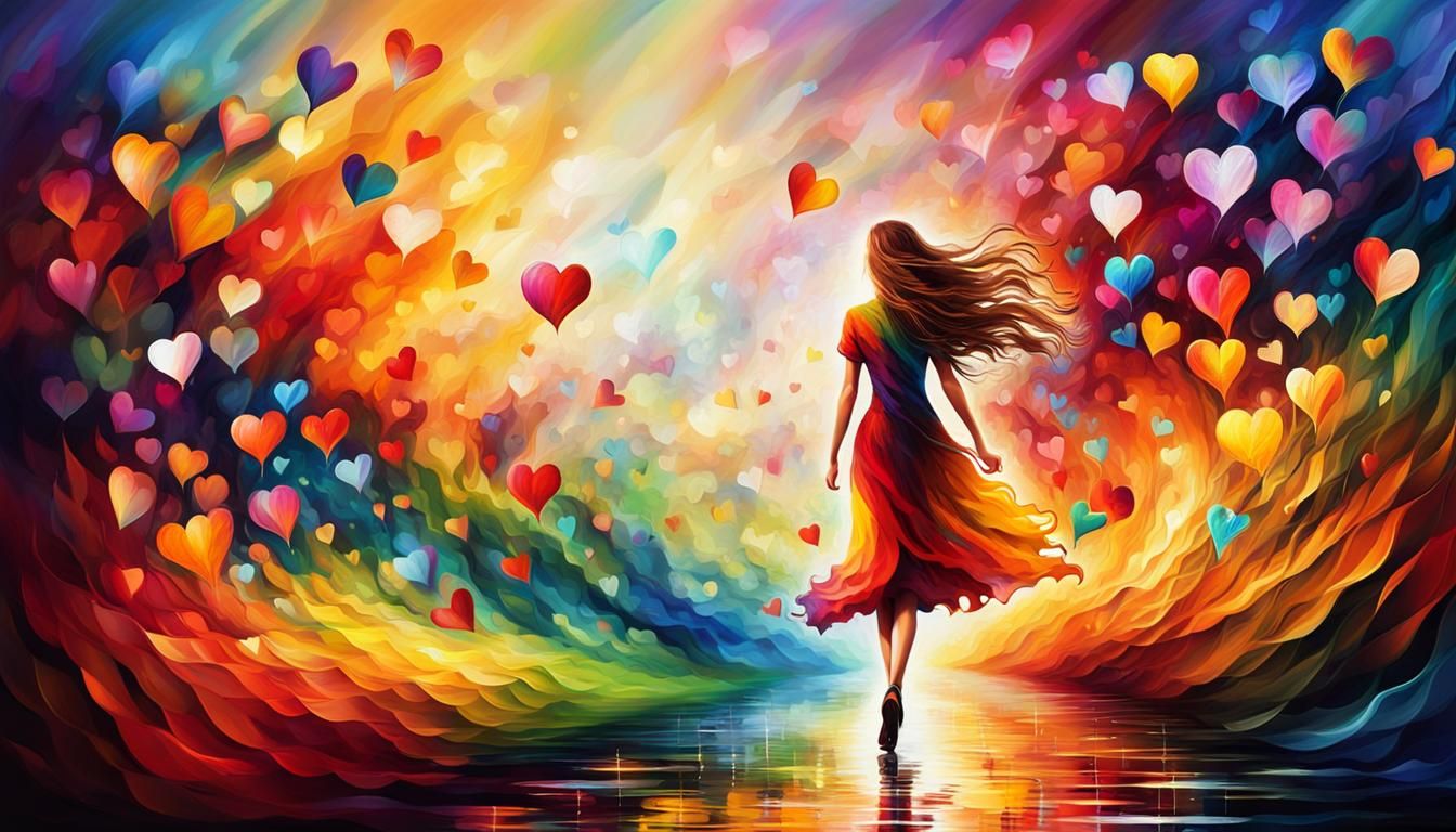 Radiant Woman Walking Abstract Path in Fantasy Landscape