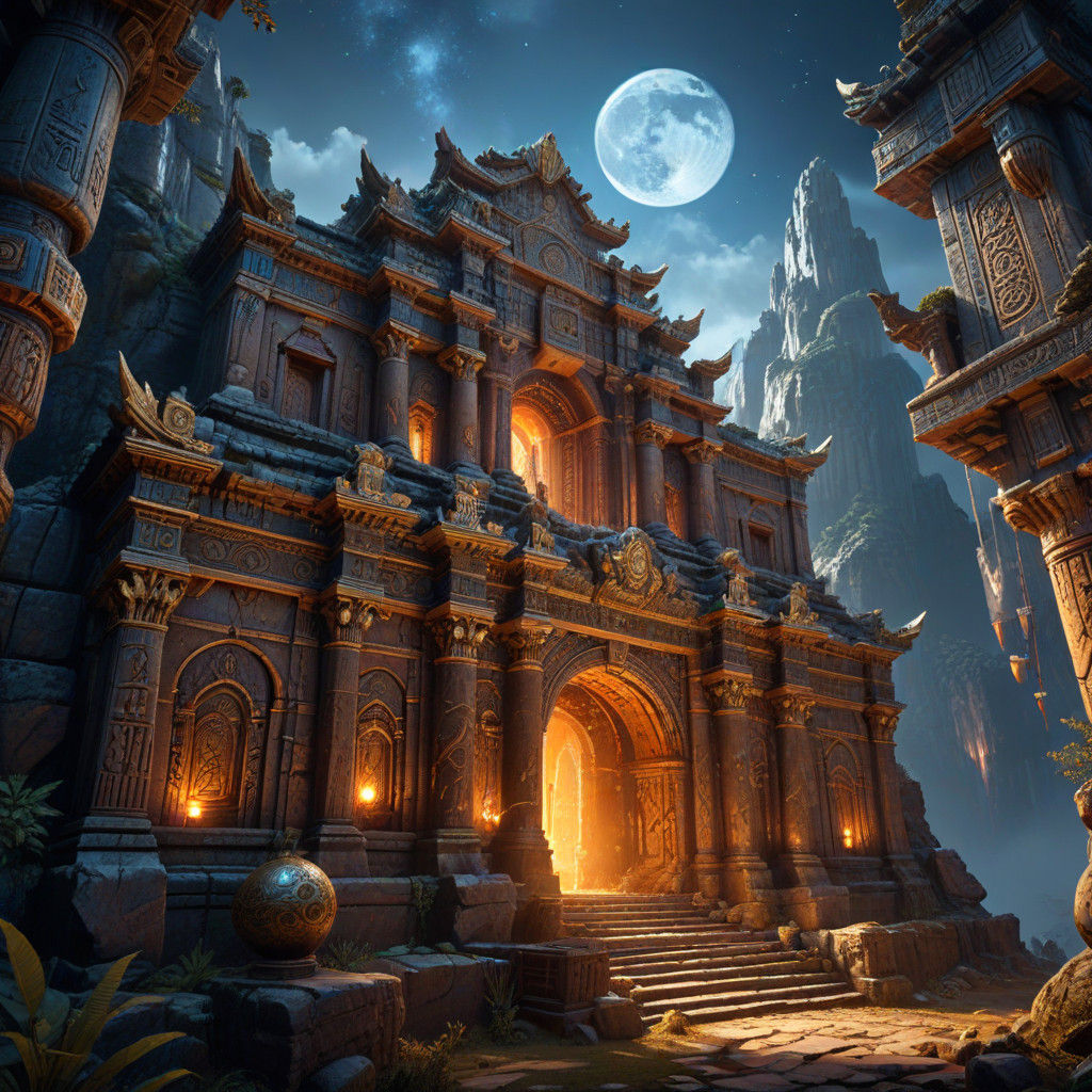 Epic Fantasy Moon Temple in Ancient, Gilded Splendor