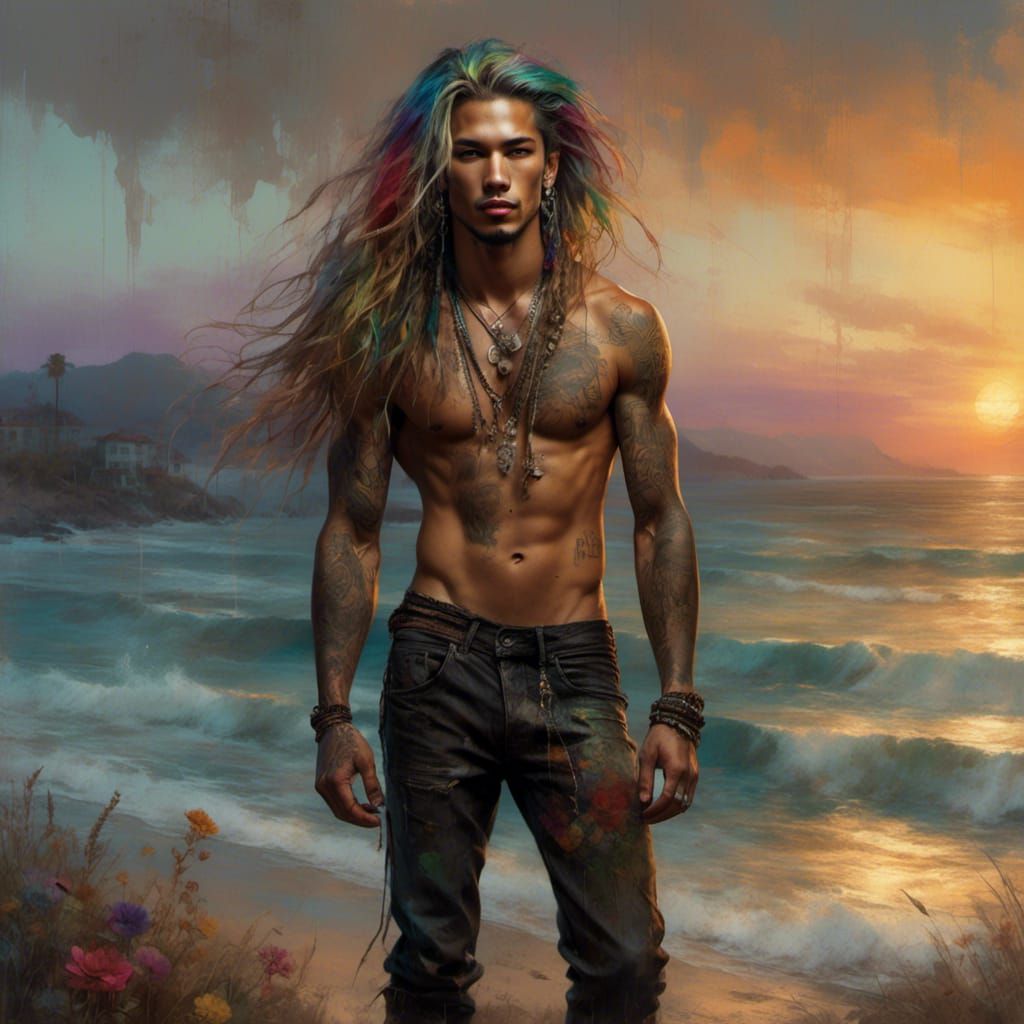Rainbow-Haired Man at Sunset, Matte Painting