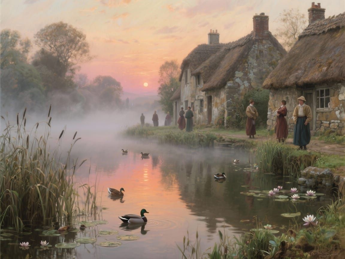 Elizabethan Village Pond at Sunrise in Painterly Style