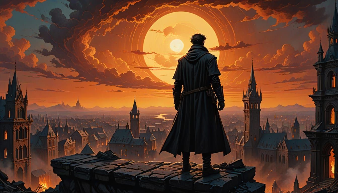 Neo-Gothic Watchman in City Ruins: Dark Oil Painting