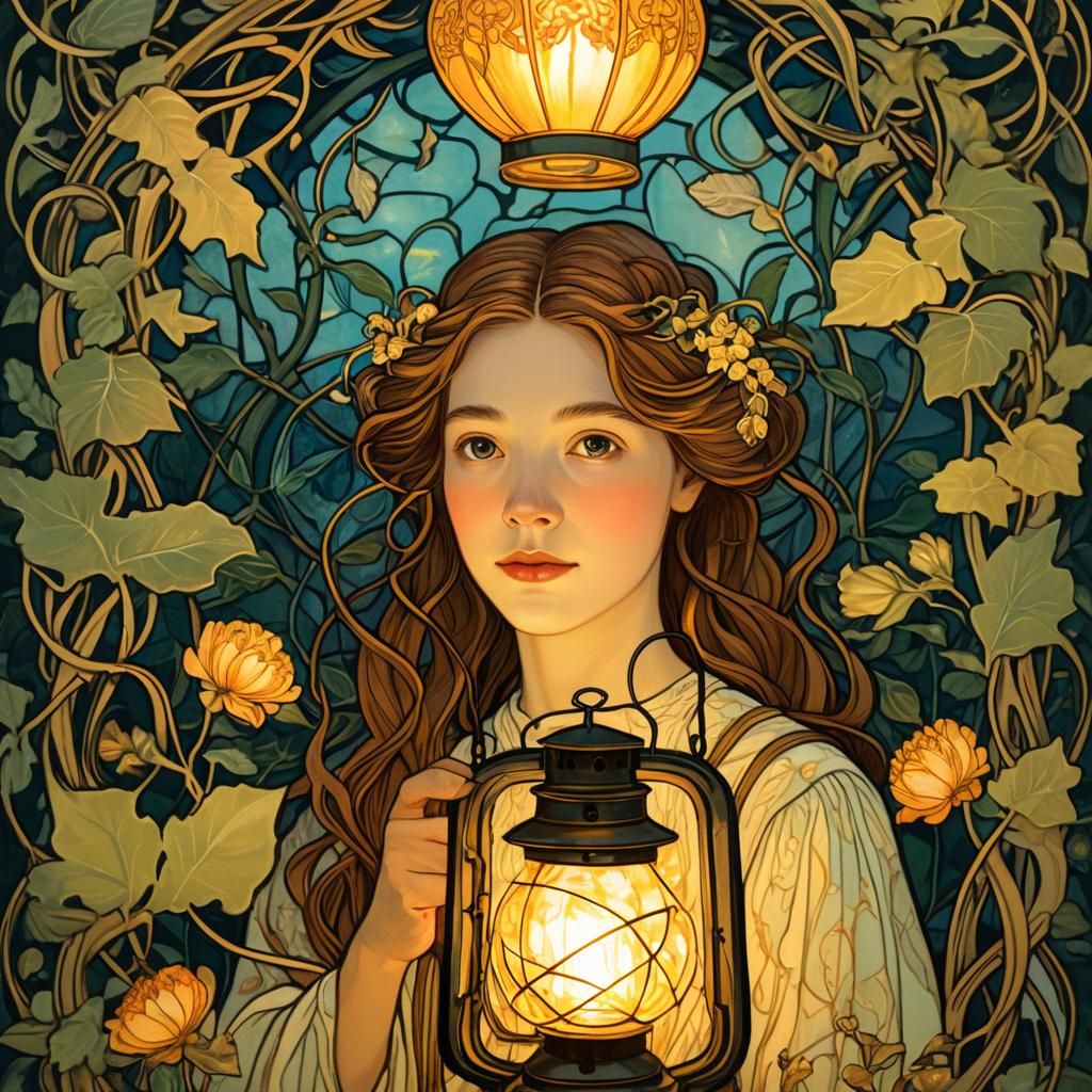 Art Nouveau Woman with Lantern and Spirits